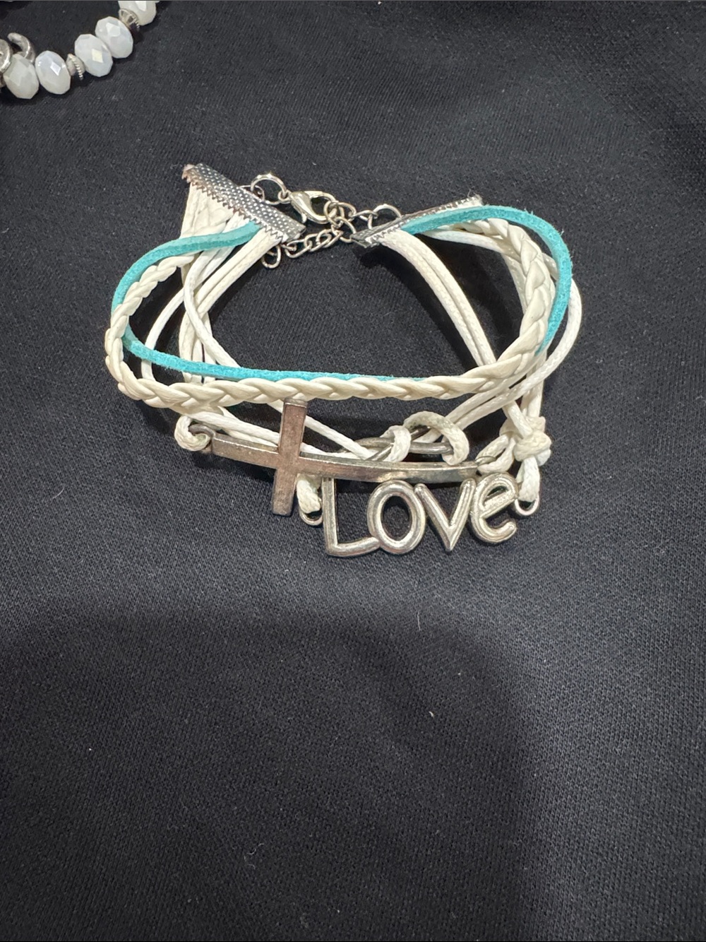 Love & Cross Multi-Strand Braided Leather Bracelet - White & Teal